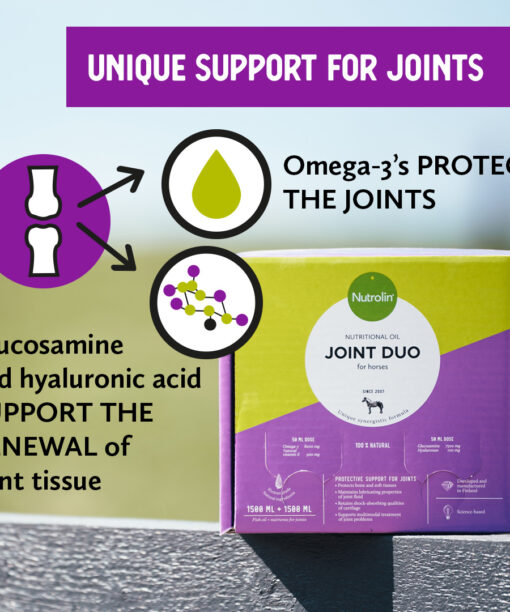 Nutrolin® HORSE Joint Duo uniquely combines omegas and joint nutrients. The omega-3 fatty acids from fish oil protect the joints, while glucosamine and hyaluronic acid support the renewal of joint tissue.