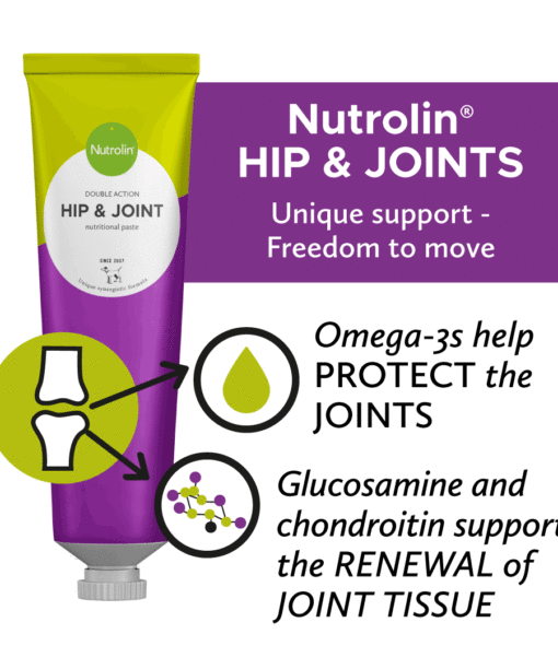 Nutrolin® HIP & JOINT uniquely combines omegas and joint nutrients. The omega-3 fatty acids from fish oil help protect the joints, while glucosamine and chondroitin sulfate support the renewal of joint tissue.