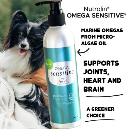 Nutrolin® OMEGA SENSITIVE® provides the right omegas for your dog's and cat's daily wellbeing. These important fatty acids support your cat's and dog's joints, heart, and brain.