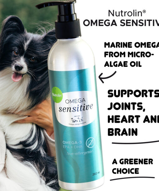 Nutrolin® OMEGA SENSITIVE® provides the right omegas for your dog's and cat's daily wellbeing. These important fatty acids support your cat's and dog's joints, heart, and brain.